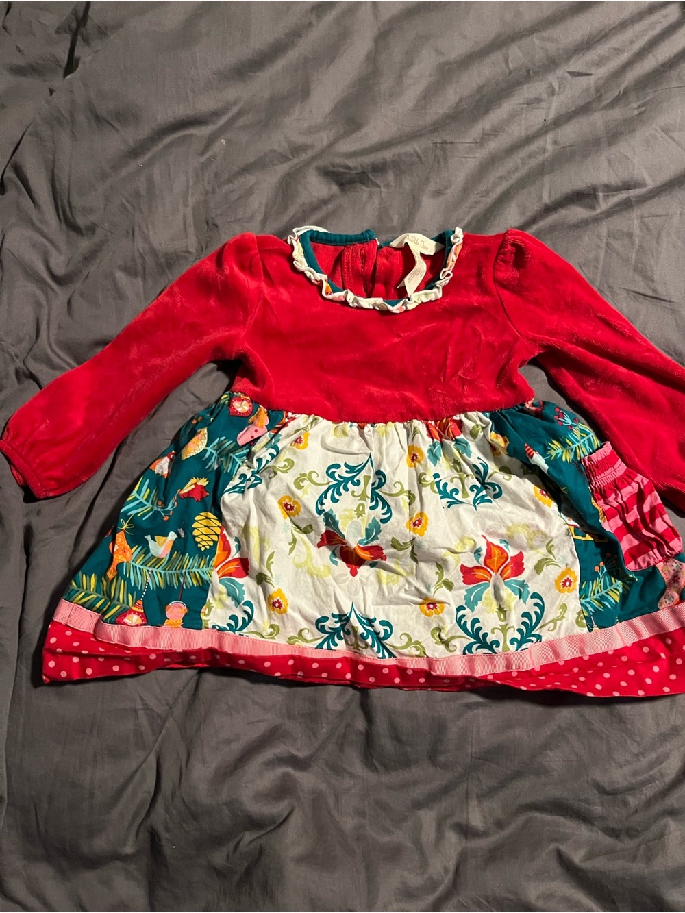 Matilda Jane Red Velvet Dress with Teal & Cream Floral Skirt